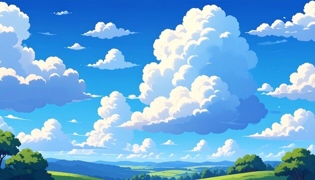 A vibrant digital landscape of a summer sky and rolling hills