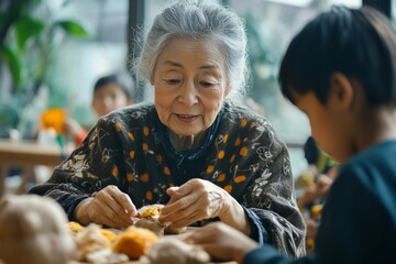 elderly woman teaching children to make traditional crafts