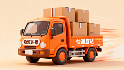 Fototapeta premium Cartoon - Style Orange Delivery Truck