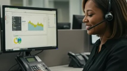 Customer service representative assisting a client with a smile. - Powered by Adobe