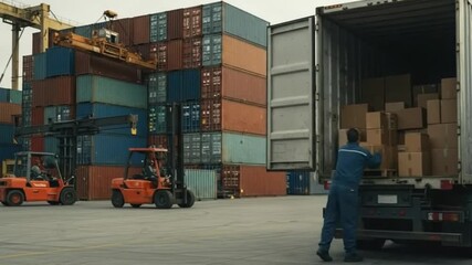Shipping containers being loaded and unloaded at a cargo port.