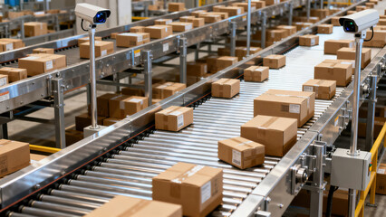 Package Sorting on Conveyor Belt in Warehouse