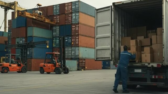 Shipping containers being loaded and unloaded at a cargo port. - Powered by Adobe