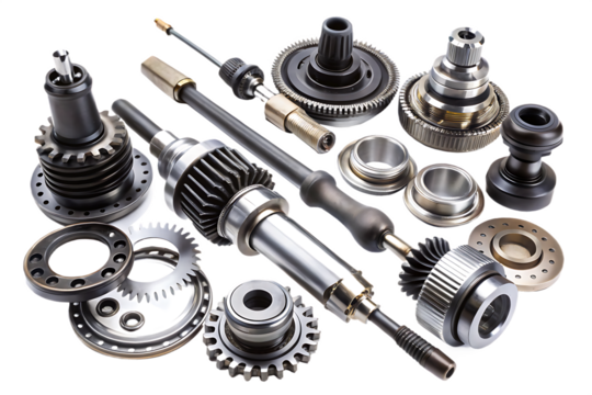 Assortment of Metal Mechanical Parts and Gears machinery engineering isolated on a transparent background