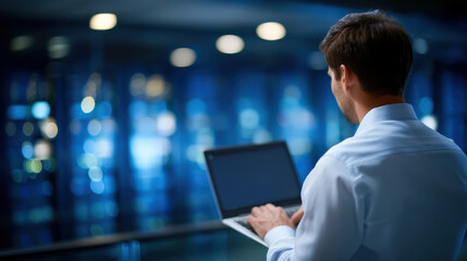 Professional man works on laptop in modern office environment, surrounded by blurred lights and technology. scene conveys sense of focus and innovation