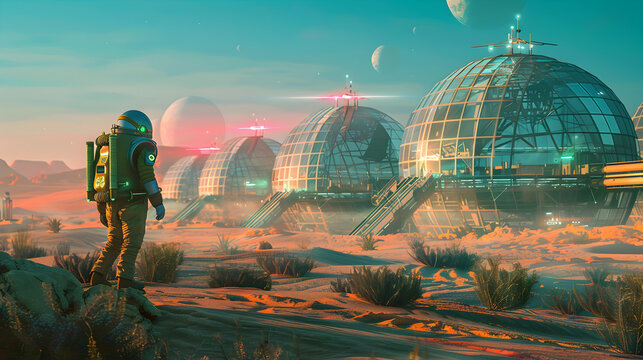 An astronaut explores a futuristic martian colony with interconnected biodomes under a serene sky, hinting at a new era of space exploration and settlement
