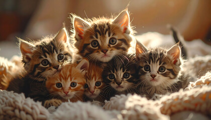 A heartwarming and highly detailed photograph of several fluffy, playful kittens