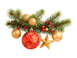 Festive Christmas decor with ornaments and pine branches on a transparent background, cut out