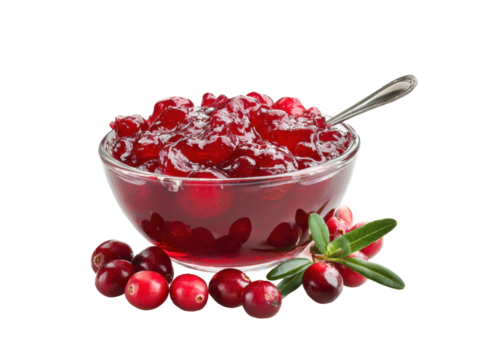 Fresh cranberry sauce in a bowl with whole cranberries and leaves on a transparent background, cut out
