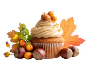 Autumn dessert with cupcake, nuts, and seasonal leaves for celebration on a transparent background, cut out