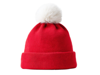 Cozy red winter hat with white pom pom for chilly days outdoors on a transparent background, cut out