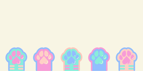 Cat paw different colors tabby vector background. Kitten multicolored colorful footprint logo, icon, banner in vibrant colors. Kawaii cute doodle vector illustration isolated on blue background. 