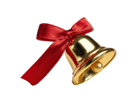 Golden bell with red ribbon for festive celebrations and decor on a transparent background, cut out