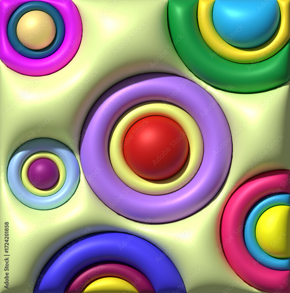 Poster A background with vibrant, indented elements in the form of concentric rings and spheres, creating a bubble effect and a modern pattern, 3D rendering illustration