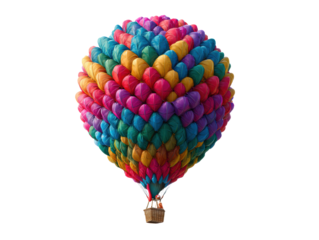Colorful hot air balloon flying in the clear blue sky during sunset on a transparent background, cut out