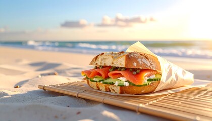 A salmon and cream cheese bagel sandwich with cucumber slices sits on a bamboo mat on a sandy beach with ocean and blue sky background.