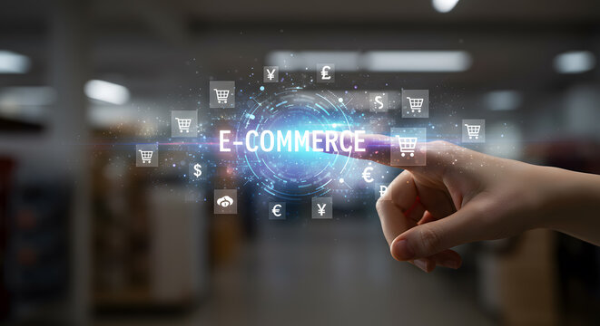 Finger Pressing E-commerce Button for Online Shopping on Virtual Digital Interface