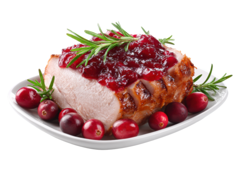 Roast turkey with cranberry sauce and herbs for festive meal on a transparent background, cut out