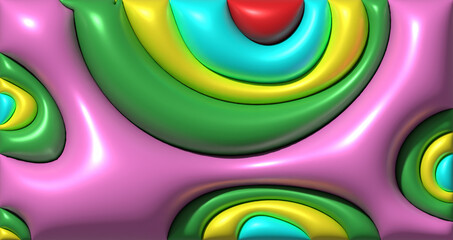 A pink surface with indented, rounded elements of green, yellow, and blue. 3D rendering