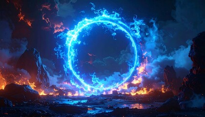 Obraz premium Fiery ring portal in a volcanic landscape