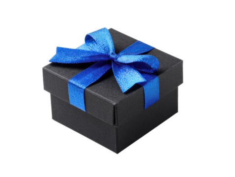 Elegant black gift box with blue ribbon for special occasions on a transparent background, cut out