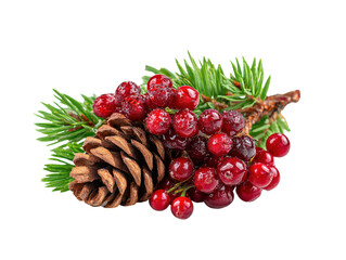 Beautiful arrangement of pinecone and red cranberries for winter decor on a transparent background, cut out