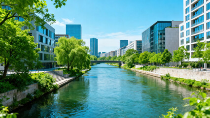 Fototapeta premium Urban River Scenery with Modern Buildings