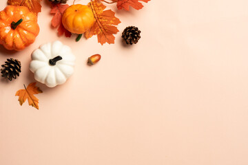 Autumn flat lay background with pumpkins and leaves.