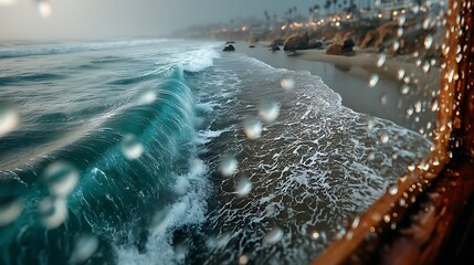 Ocean view through rainy glass high resolution picture