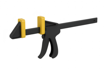 Isolated black plastic clamp with yellow pads on a transparent background, tool