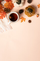 Autumn flat lay background with hot lea and leaves.