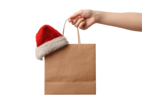 Holiday gift bag with Santa hat for Christmas celebration on a transparent background, cut out