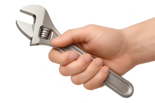 Hand holding adjustable wrench, isolated on transparent background, tool use