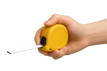 Hand holding a yellow measuring tape isolated on transparent background