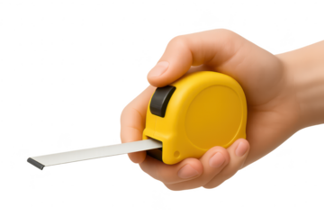 Hand holding yellow measuring tape isolated on transparent background tool