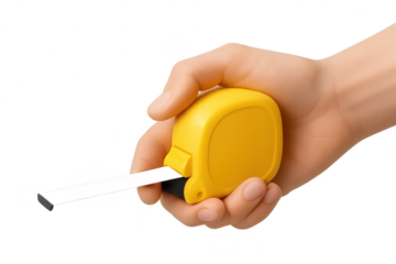 Hand holding yellow measuring tape, isolated on transparent background studio