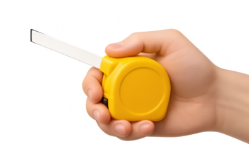 Yellow measuring tape held in a cartoon hand on a transparent background, tool