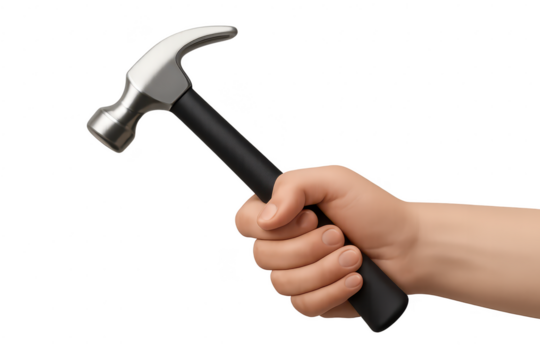 Hand holding hammer isolated on a transparent background, construction tool