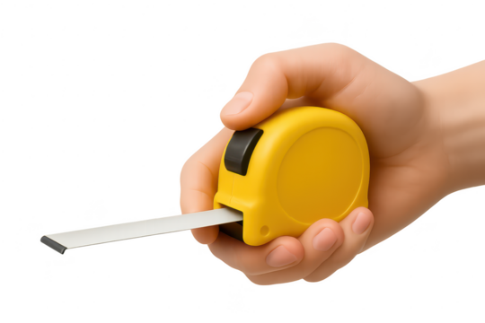 Hand holding yellow measuring tape isolated on transparent background tool