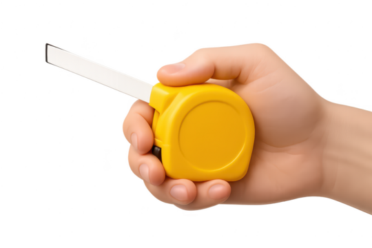 Yellow measuring tape held in a cartoon hand on a transparent background, tool