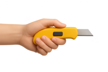 Hand holding a yellow utility knife isolated on transparent background use
