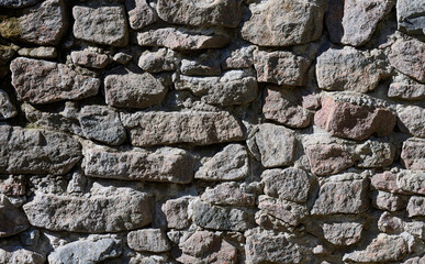 A close-up of a wall made of large, uneven stones. The texture of the stones is rough, with varying shades of gray and brown.