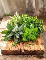 Fresh herbs on rustic wooden board