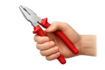 Hand holding red pliers, isolated on transparent background - tool equipment