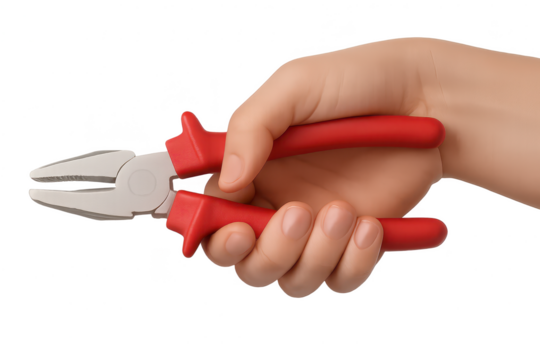 Hand holding red pliers isolated on transparent background, work tool, closeup