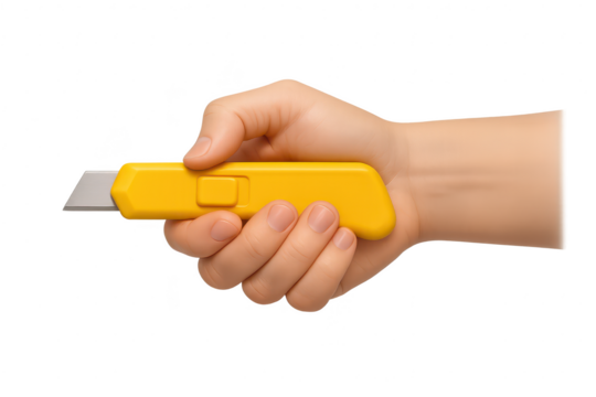 Hand holding a yellow box cutter isolated on a transparent background image.