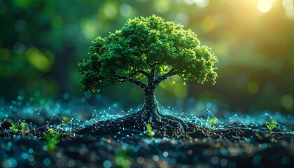 Lush green tree rooted in dark earth, surrounded by digital network