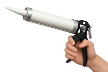 Hand holding a caulking gun isolated on transparent background, industry tool