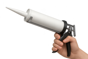 Hand holding a caulking gun isolated on transparent background, silicone tube