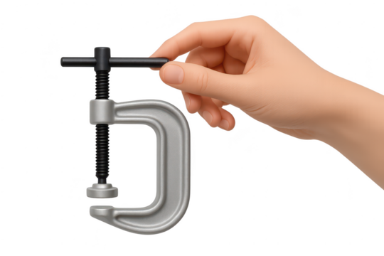Hand adjusting a metal clamp, isolated on transparent background, tool use concept